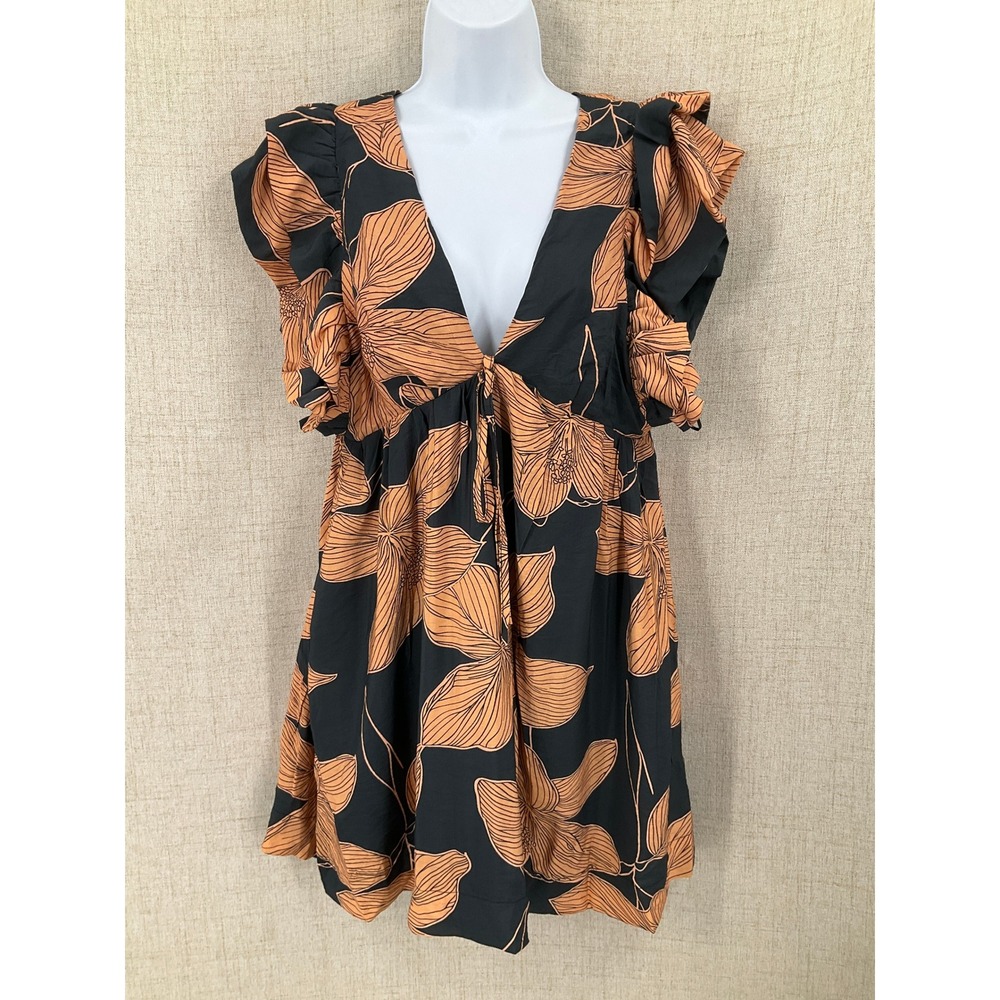 TCEC Mini Dress Womens Large Black Orange Floral Ruffle Boho V-Neck Cottagecore